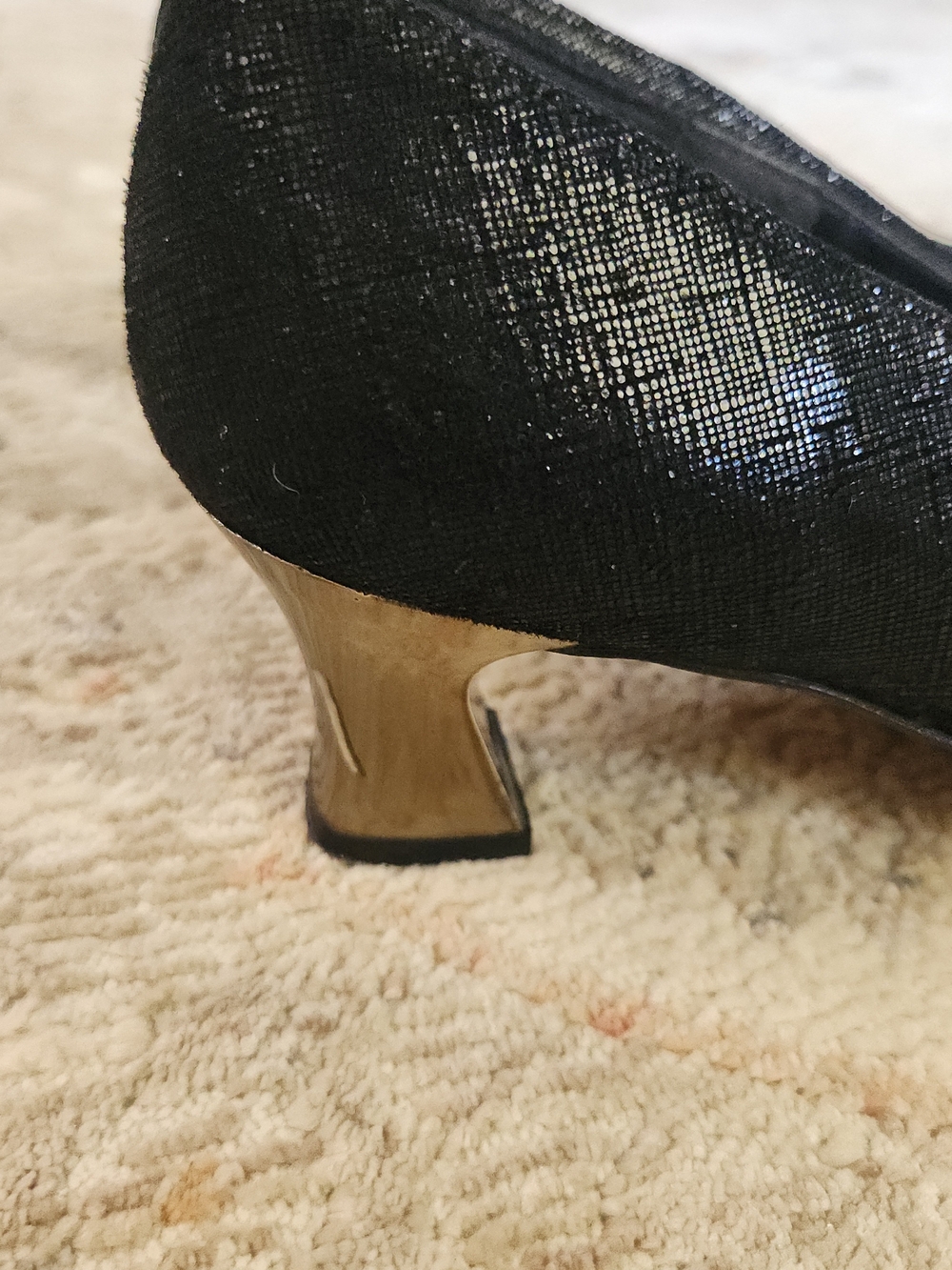 Vintage Black Square Toe Block Structured Brass Kitten-Heel Pumps